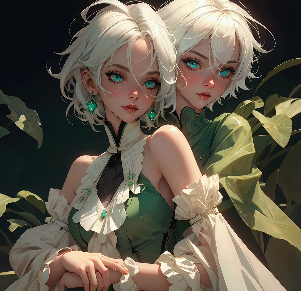 envision a 8k, highres, cinematic, beautiful close up portrait of a short girl named Cecilia Immergreen with multicolored hair, green eyes, doll joints, joints, bare shoulders, detached sleeves, hair between eyes, white hair, dressagainst a dark background