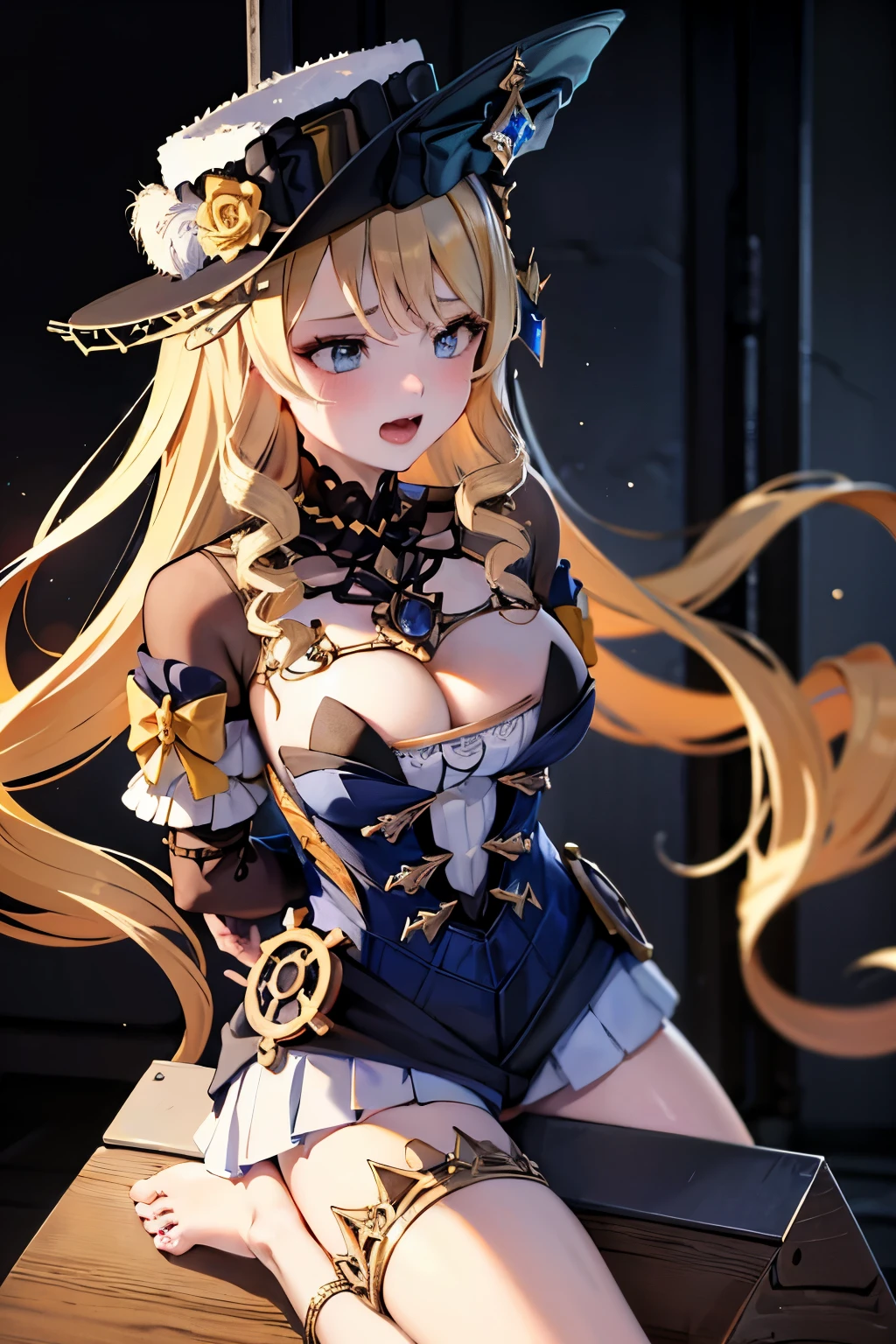 tied up her arms ,eyes closed ,breast milk ,Put her hands behind her back ,very large breast ,best quality foot:1.5 ,black hat ,((high quality toe:1.5)) ,(a girl on a wooden horse:1.2) ,in a prison ,in a dungeon ,pussy juice:1.5 ,crying face ,scream, tears, raise both hands ,hyper realistic ,intricate details ,photorealistic ,cinematic lighting ,dramatic composition ,muted colors ,chiaroscuro lighting, moody atmosphere, fine art painting ,detailed face ,highly detailed, masterpiece:1.4, best quality:1.5, 8k:1.4 ,4K ,2k, Suggestive liquid, rubbing the crotch