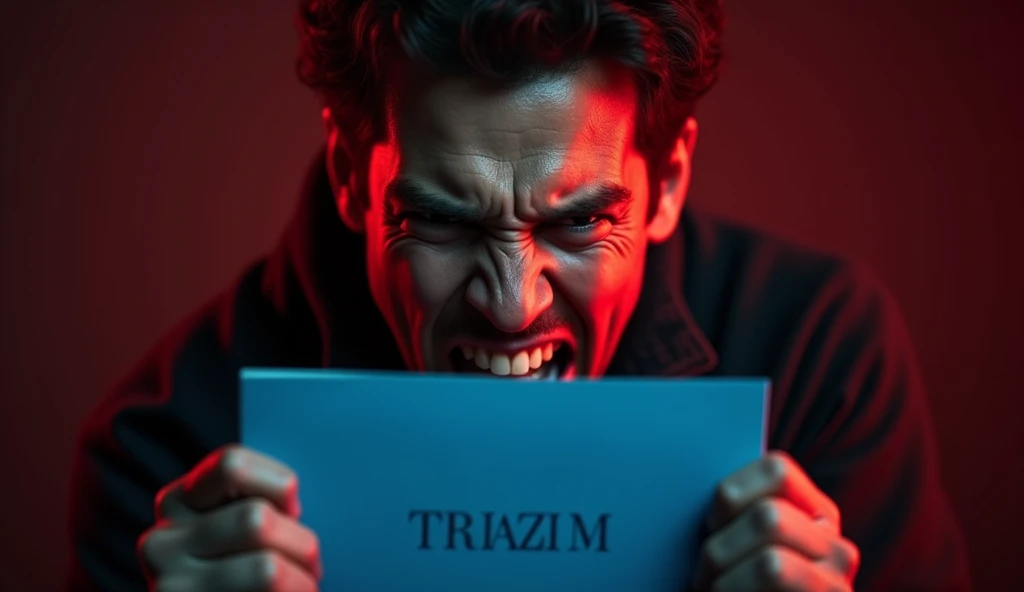 Create a YouTube thumbnail in 16:9 proportion featuring a person holding the Brazilian CLT (Carteira de Trabalho) with an expression of intense anger. The person should be gripping the CLT tightly, with visible frustration on their face. The background should be dark and intense, with red and black tones to emphasize the emotion. The CLT document should be clearly recognizable, with the iconic blue color standing out. Add a sense of urgency with bold, dramatic text at the bottom in large, white letters