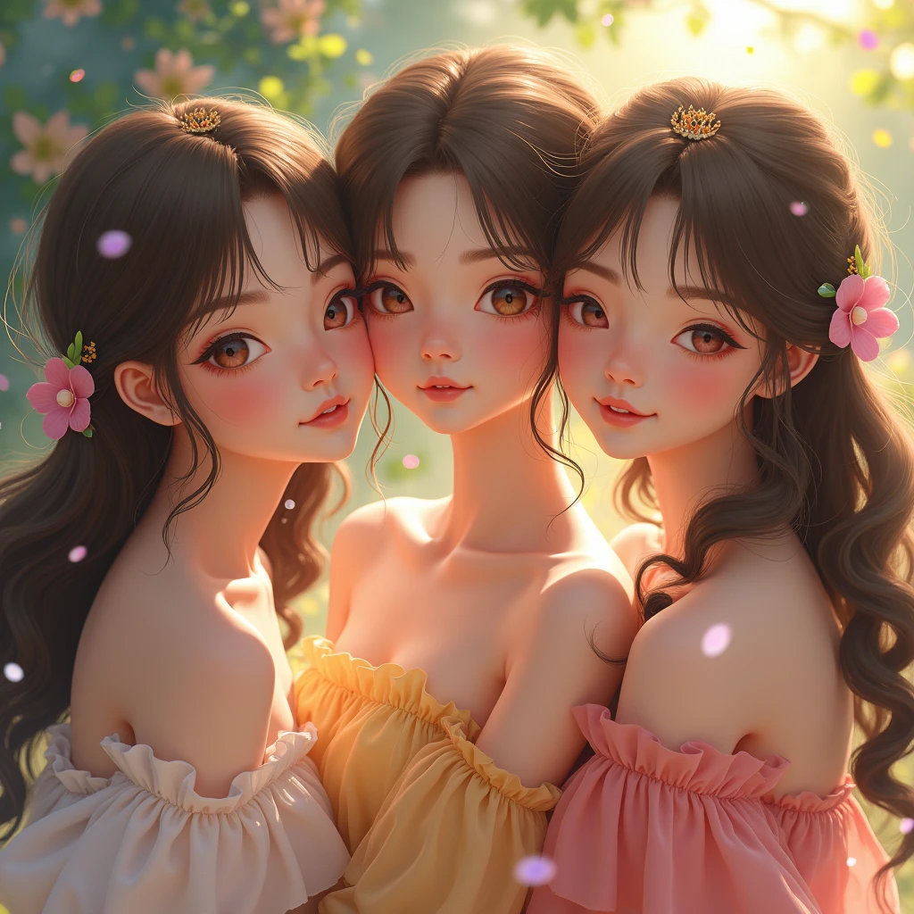 ( 3 girls),smile、Look into the camera、diamond necklace、braided hair, ( Naked, perky breasts, bare breasts, nipples. (((round chestๆ))) revealing upper arms、Extra long twin tail feathers、Flower Hair Ornaments、 Masterpiece, Highest quality, 8ก, beautiful girl, young face、 photography, Cute face, thigh,(Sitting on a wooden bridge in a lotus pond),、รอยsmile、small waist, blue eyes(((The chest is erect...:1.0)))(((round chest:1.0)))(((big breasts:1.0)))