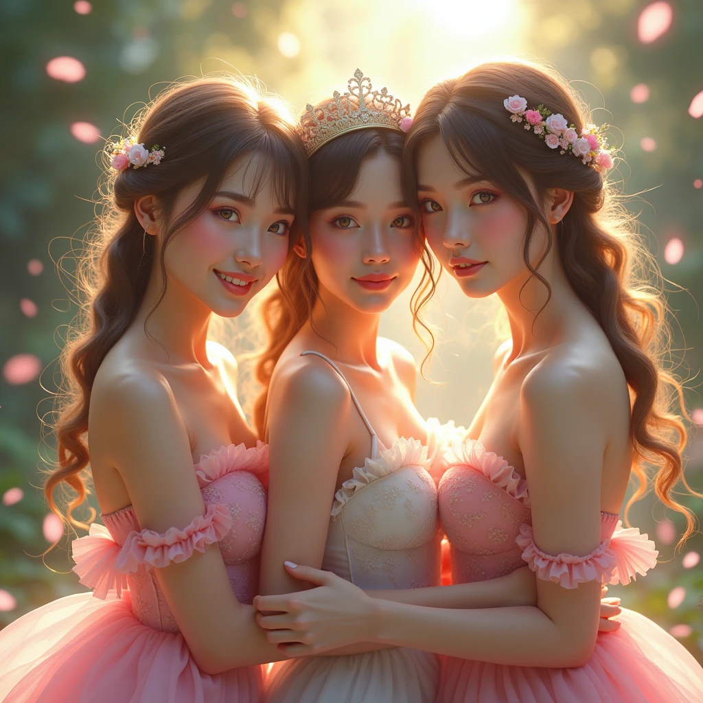 (Graceful Full Body of Extremely Detailed((Sexy Princesses Group in a row:1.37))), KAWAII perfect face with Reflective Eyes, Detailed(Delicate Clothing textures), Correct Graceful Legs, Dynamic Joyful Expressions LifeLike Rendering, Specular Reflection, (TopQuality 8K Ultra-detailed masterpiece (ProfessionalPhoto:1.37))(((Raw, Realistic))), (Acutance:0.8), (Luminism:1.28), Renaissance art style, Portraits, Colorful Light particles, (Full body from side) {Kissing Face to Face|Cute Peach AssFocus|(NakedApron with (Overflowing Sideboob))}, Radiant Fine Skin with Transparency, (Exposed:0.4) {Pink Hair|LightBlue Hair|Blonde|Pure White Hair|Liquid Hair|Red Shoes}, Perfect Lighting