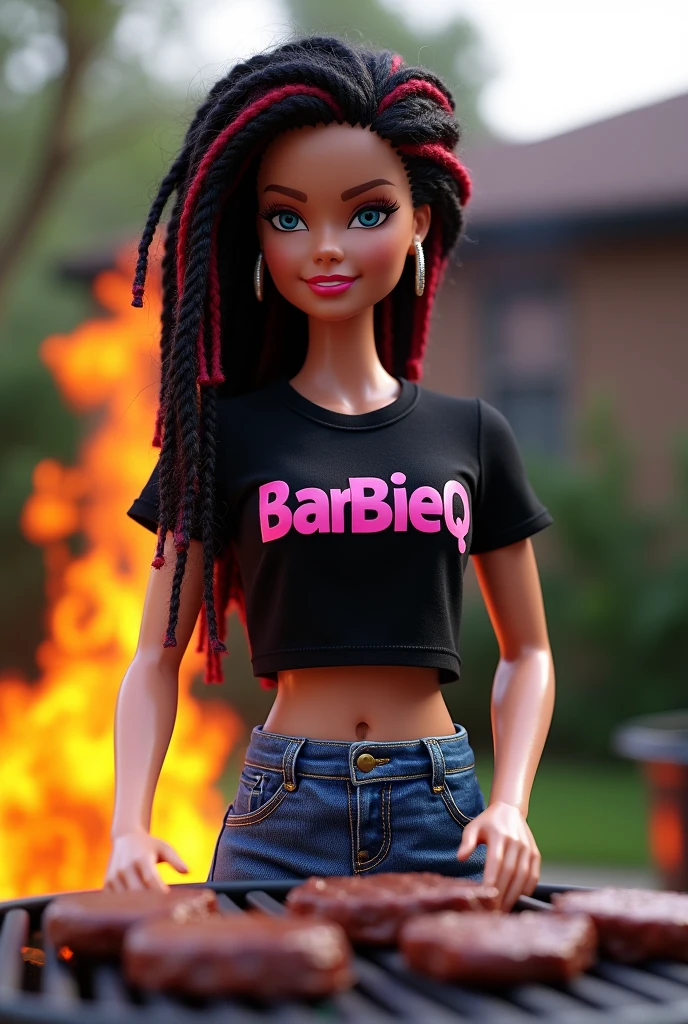 White skinned Barbie with blackred dreadlocks wearing a black shirt with "BarbieQ" written in pink letters over the breast, wearing blue jeans, grilling steaks over high flame in backyard