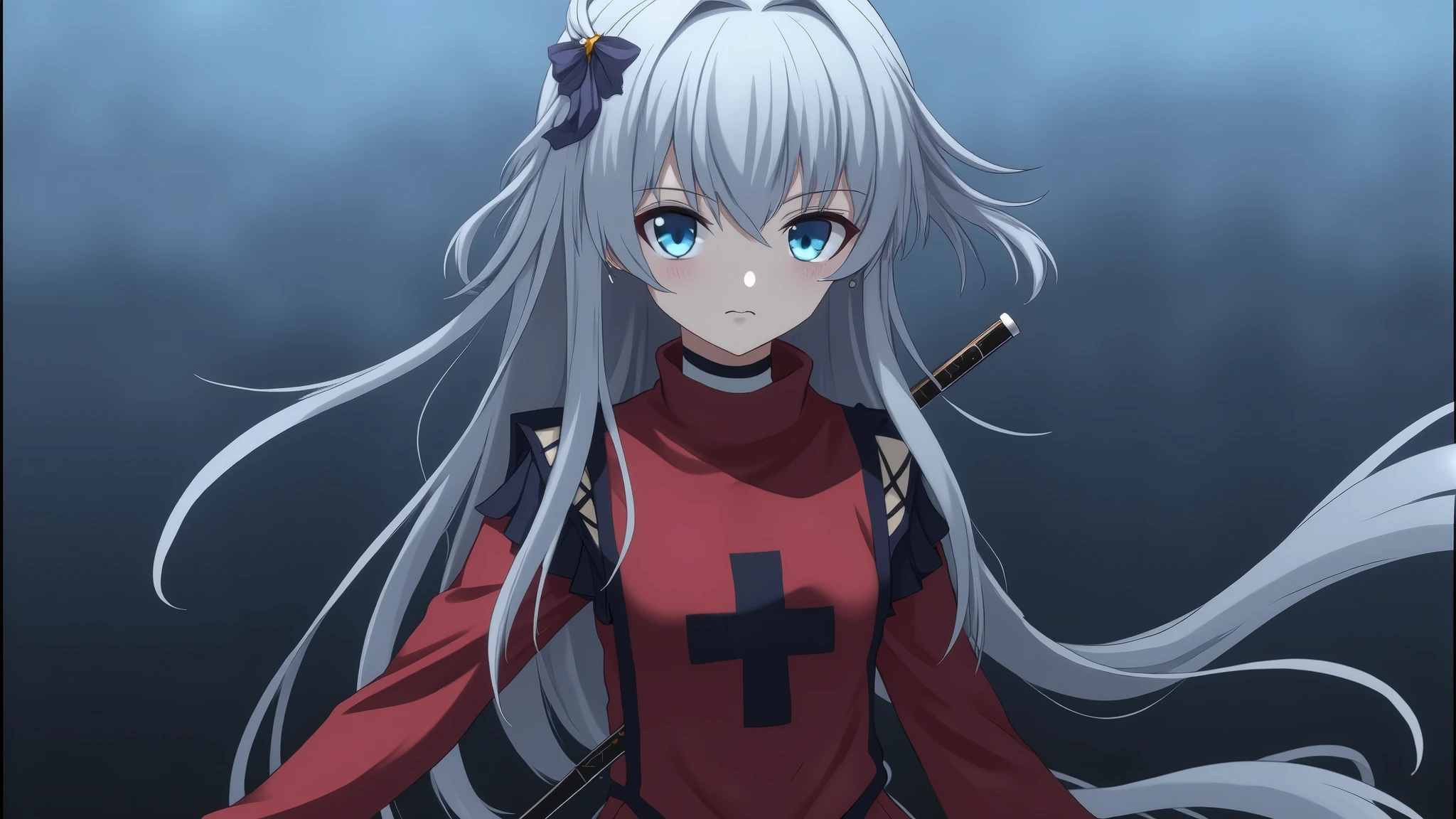Girl with blood on her face,Anime cute girl,An expression of hatred,White hair,quadratic element,blueneyes,Japanese anime,slenderness,The sheen