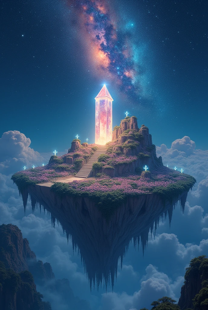 : A scene of an isolated island that appears to be floating in space。島は夜空のstar々It is integrated with、The whole island emits a faint light.。In the centre of the island、There is an ancient temple、Inside the temple is a giant crystal that emits a mysterious light.。Around the temple、starのように光る植物が生い茂り、Small spirits of light are flying around in the air。star々The sky moves like a stream、A colorful galaxy spreads out、Gives the feeling of being in a dream。