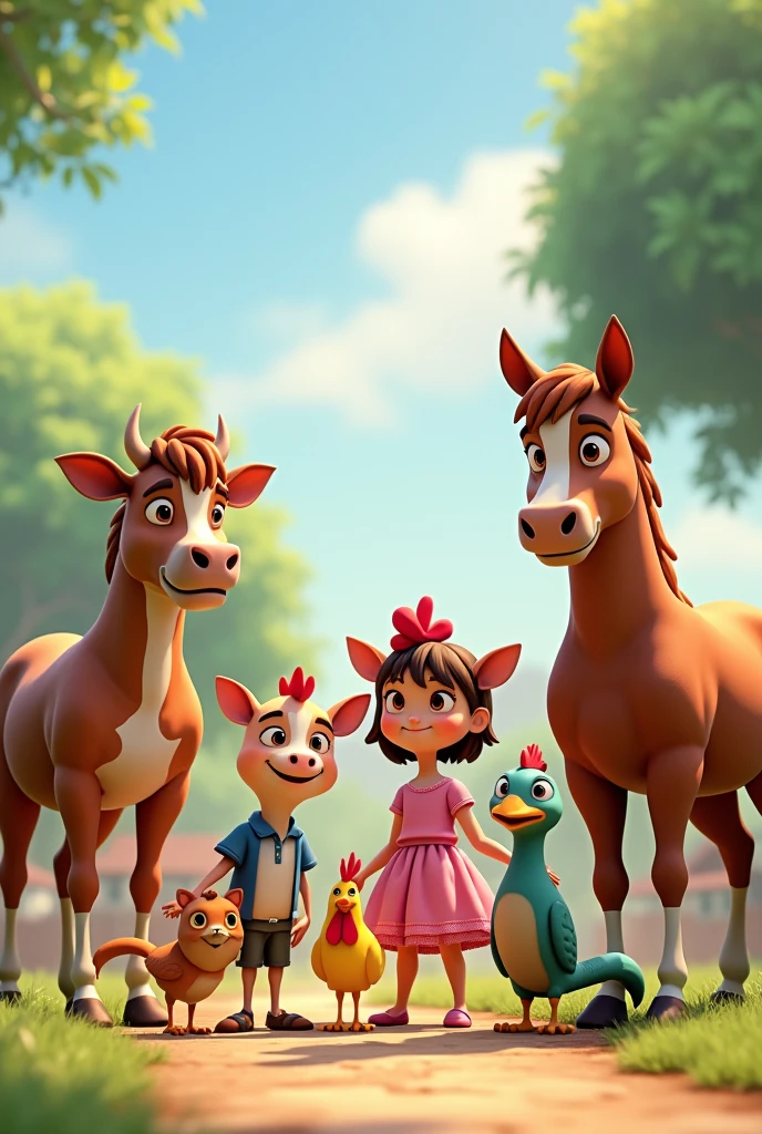 Animated style image of the following animals and their characteristics: a calf dressed in a short shirt and shorts standing on two feet, a calf in a pink dress , 2 horses , a hen and her chicks, A rooster, a cat and a dog, and a snake. All animals standing on their two feet