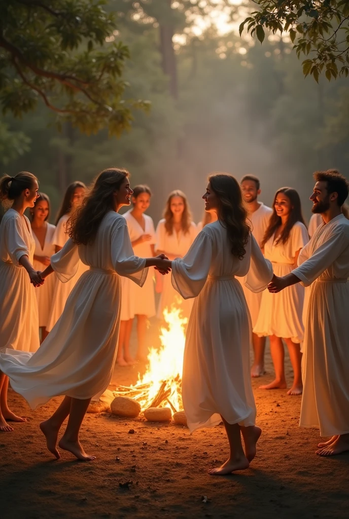 young people making a circle around a campfire, jumping holding hands, with white clothes from an old period, happy, happy, Christian environment. angels, spirituality