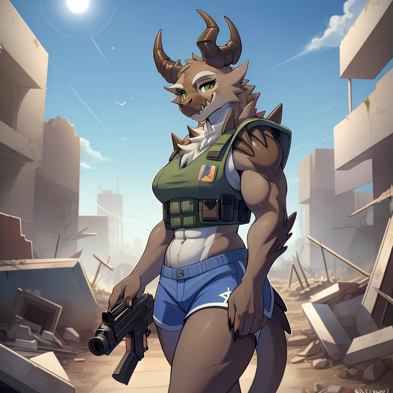 (((Masterpiece))), ((4k)), (best body), Solo, score_9,score_8_up,score_7_up, kemono style, aegis style, Anthro deathclaw from fallout, Anthro reptile girl, snout, green scaled skin, gold eyes, black lips, black horns, black ram horns, athletic body, smiling, (detailed skin), bulletproof vest, holding a rusty gun, blue shorts, walking in a ruined city, looking at viewer, hyper realistic gun, tight cloths, skinny, beautiful face, 