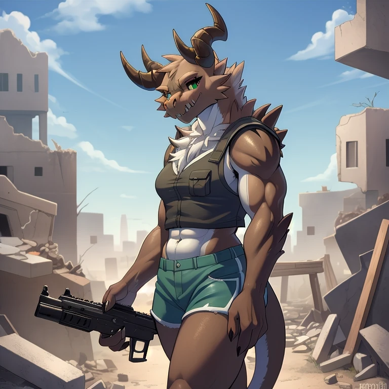 (((Masterpiece))), ((4k)), (best body), Solo, score_9,score_8_up,score_7_up, kemono style, aegis style, Anthro deathclaw from fallout, Anthro reptile girl, snout, green scaled skin, gold eyes, black lips, black horns, black ram horns, athletic body, smiling, (detailed skin), bulletproof vest, holding a rusty gun, blue shorts, walking in a ruined city, looking at viewer, hyper realistic gun, tight cloths, skinny, beautiful face, 