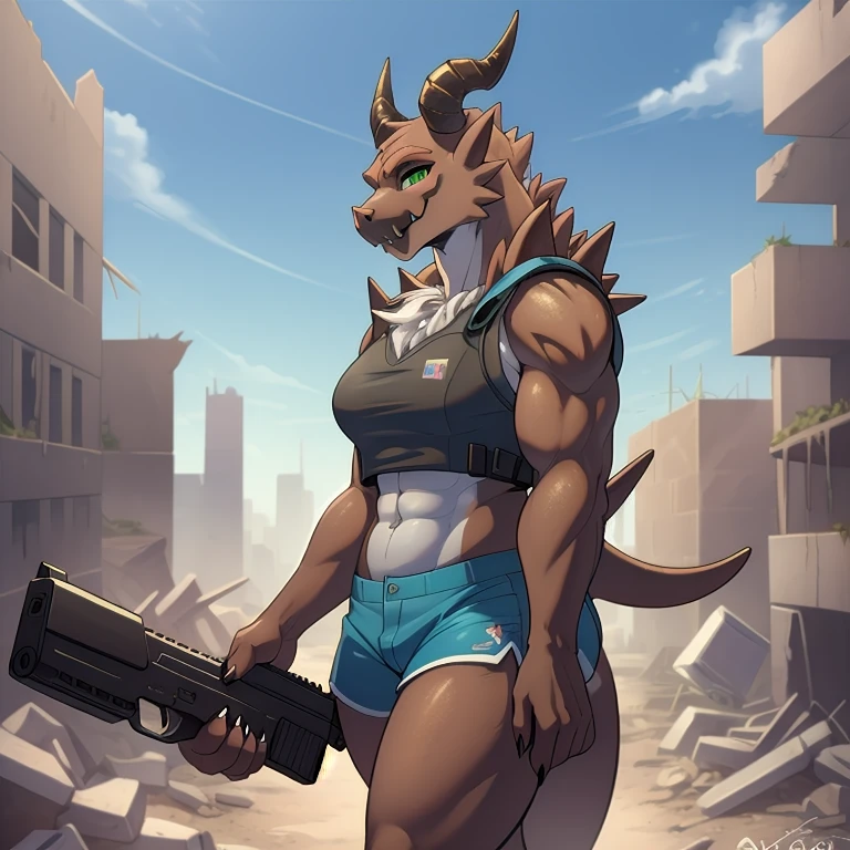 (((Masterpiece))), ((4k)), (best body), Solo, score_9,score_8_up,score_7_up, kemono style, aegis style, Anthro deathclaw from fallout, Anthro reptile girl, snout, green scaled skin, gold eyes, black lips, black horns, black ram horns, athletic body, smiling, (detailed skin), bulletproof vest, holding a rusty gun, blue shorts, walking in a ruined city, looking at viewer, hyper realistic gun, tight cloths, skinny, beautiful face, 