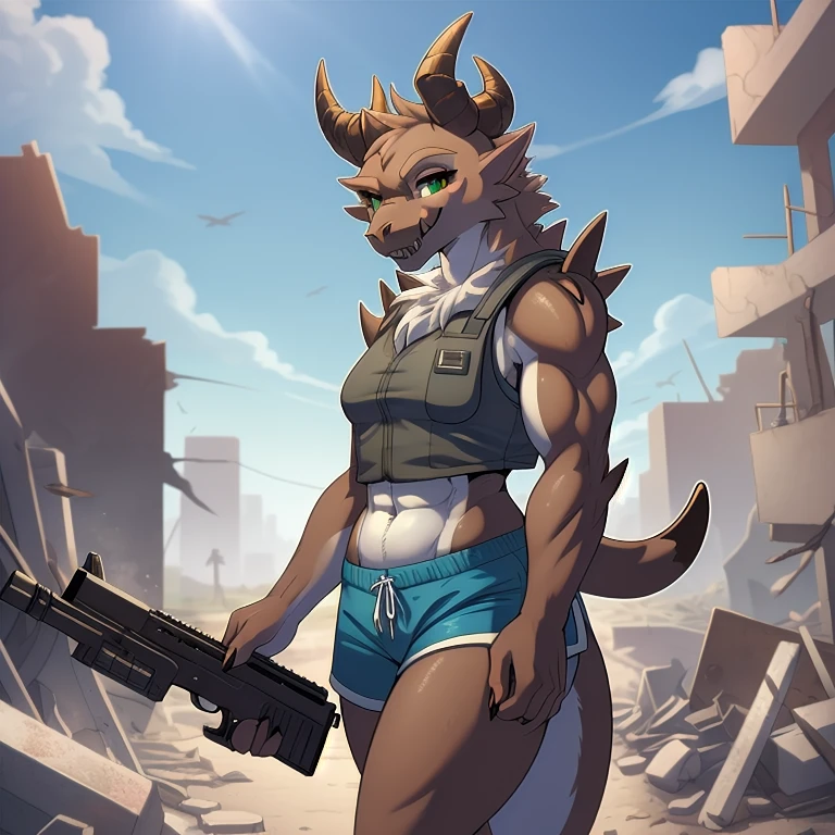 (((Masterpiece))), ((4k)), (best body), Solo, score_9,score_8_up,score_7_up, kemono style, aegis style, Anthro deathclaw from fallout, Anthro reptile girl, snout, green scaled skin, gold eyes, black lips, black horns, black ram horns, athletic body, smiling, (detailed skin), bulletproof vest, holding a rusty gun, blue shorts, walking in a ruined city, looking at viewer, hyper realistic gun, tight cloths, skinny, beautiful face, 