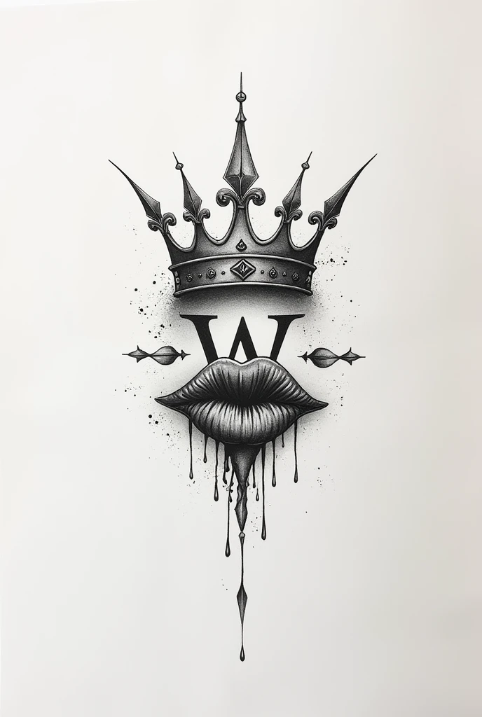 Create a delicate tattoo that combines a crown, with a W and delicate lips Hopefully the crown is a princess and the lips are in the shape of a kiss with lipstick as part of the crown Black ink