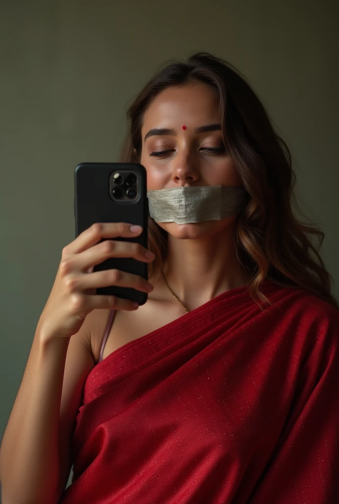 Aesthetic girl bllindfolded duct taped gagged over mouth  in red shimmering saree taking a selfie 