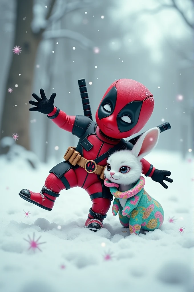 Put little baby Deadpool in the snow dancing while a white hare hugs a gay snake. Put the snake like a drag queen 