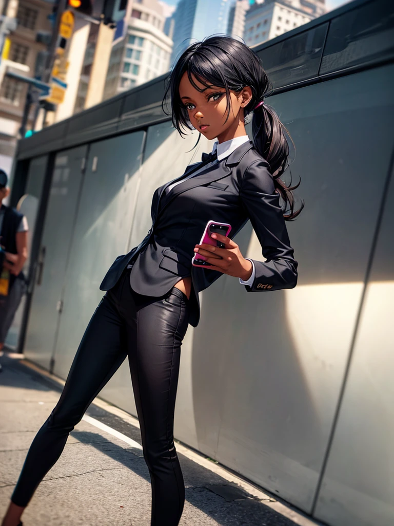 Black woman wearing a black suit and black pants using her cell phone 