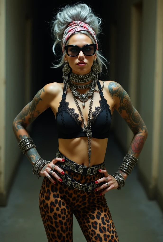 russian milf woman, grey hair (bouffant, top bun) and oversized square sunglasses and wide colourful bandana as headband, with very light green eyes, extremely pale. Big lips. Black lace push up bra, silicone breast,, skintight leopard print leggings. Flip flops. Lots of thick wide studded bracelets, chain collars and big rings,. Additional crossed loose belts,. Long earrings with chains and feathers. Standing with legs apart, hands on her hips, stretching her neck and looking up in surprise craving., Neck, chest, stomach and wrists heavily tattoed. Toned abdominals, thin neck, slim legs and thin arms. Narrow hips. At a long narrow corridor at night.