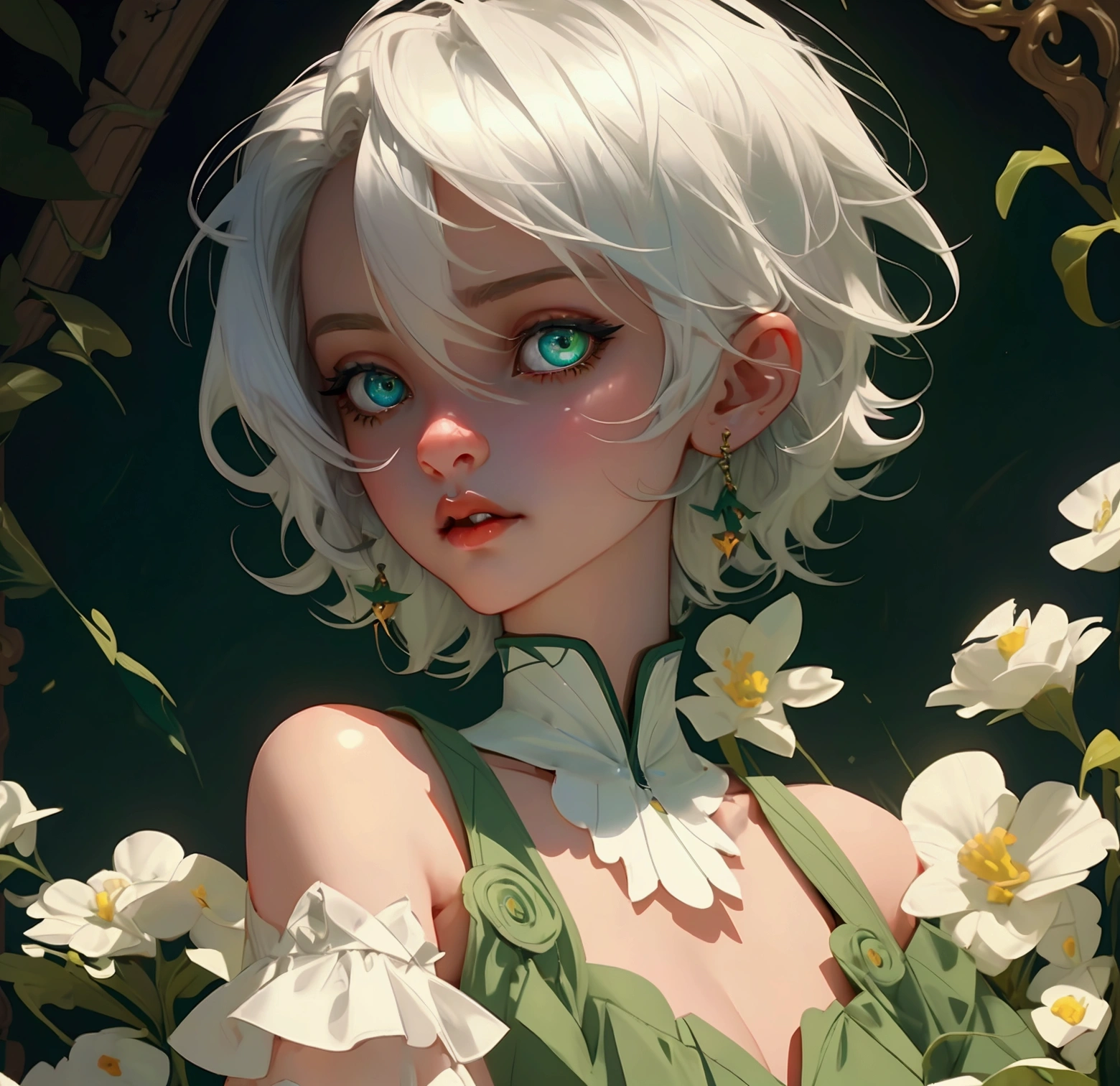 envision a 8k, highres, cinematic, beautiful close up portrait of a short girl named Cecilia Immergreen with multicolored hair, green eyes, doll joints, joints, bare shoulders, detached sleeves, hair between eyes, white hair, dressagainst a dark background