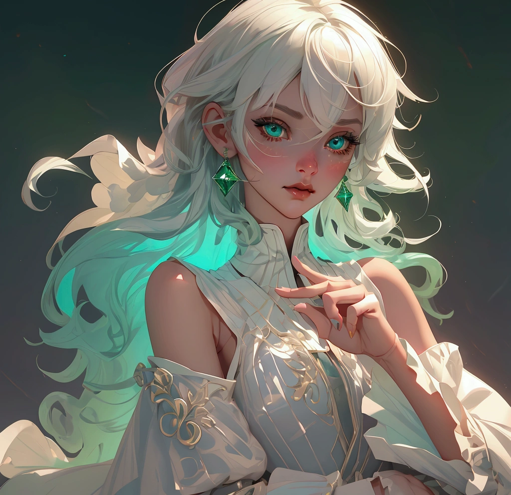 envision a 8k, highres, cinematic, beautiful close up portrait of a short girl named Cecilia Immergreen with multicolored hair, green eyes, doll joints, joints, bare shoulders, detached sleeves, hair between eyes, white hair, dressagainst a dark background