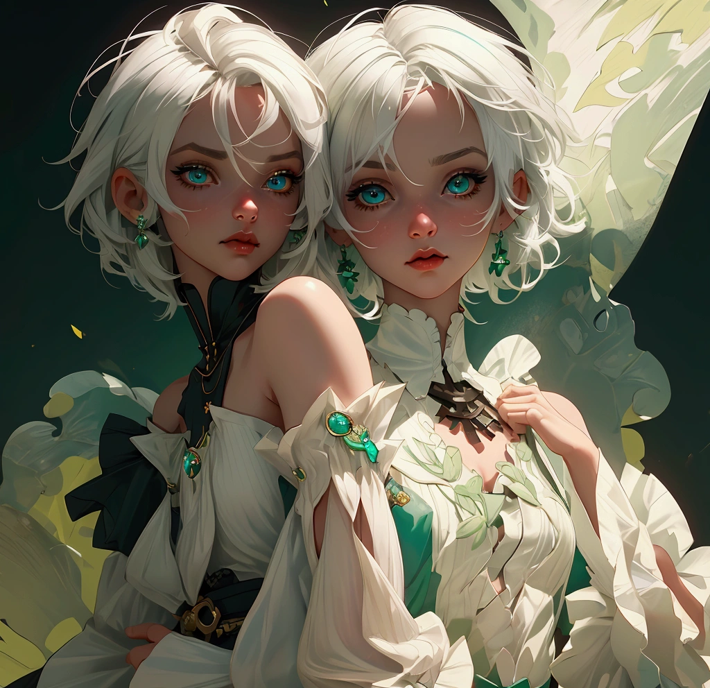 envision a 8k, highres, cinematic, beautiful close up portrait of a short girl named Cecilia Immergreen with multicolored hair, green eyes, doll joints, joints, bare shoulders, detached sleeves, hair between eyes, white hair, dressagainst a dark background