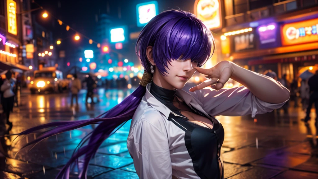 (at night), alone, in a video game scene a background of a beautiful city during the day raining, standing at attention, purple hair, ((purple hair)), 1 girl, alone, 20 years old, young woman, perfect hands , beautiful and perfect symmetrical fingers, beautiful long legs, perfect legs, beautiful body, beautiful nose, beautiful character design, perfect face, look at the viewer with a serious gesture and in an attack position (focusing on his face), closed mouth, Light_Smile, official art, extremely detailed CG unity 8k wallpaper, perfect lighting, bright and colorful front lighting, glowing skin (masterpiece: 1.0), (best quality: 1.0), ultra high resolution, 4K, ultra detailed photography, 8K , HDR, high resolution, nonsense: 1.2, Kodak portra 400, film grain, blurred background, bokeh: 1.2, lens flare, (vibrant_color: 1.2), professional photography, (beautiful_face: 1.5), (narrow waist),
