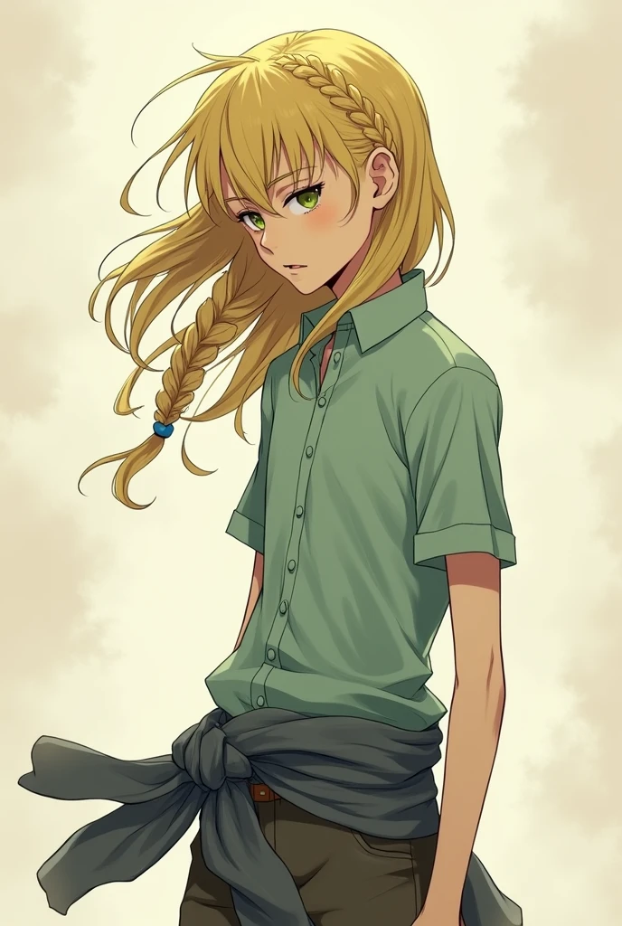 Make me a boy with my back turned , long blond hair , a braid , light green shirt , a sweater tied around his waist, manhwa illustration ,Bad boy