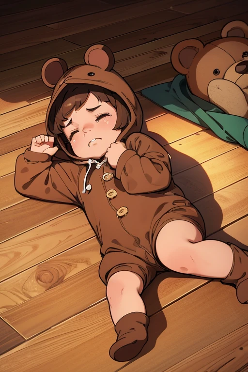 (Highest quality,Extremely detailed depiction,Incredible high resolution),Deformed Character,Child wearing a onesie:1.3, fell down pose, crying, sad, eyes closed, stuff brown teddy bear on the floor, wooded floor boards