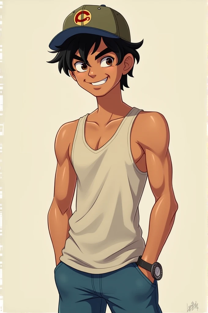 Create an avatar of myself, I'm a dark-haired guy in the Disney Pix style, I'm wearing a tank top, blue shorts and a cap in the hoodlum style.