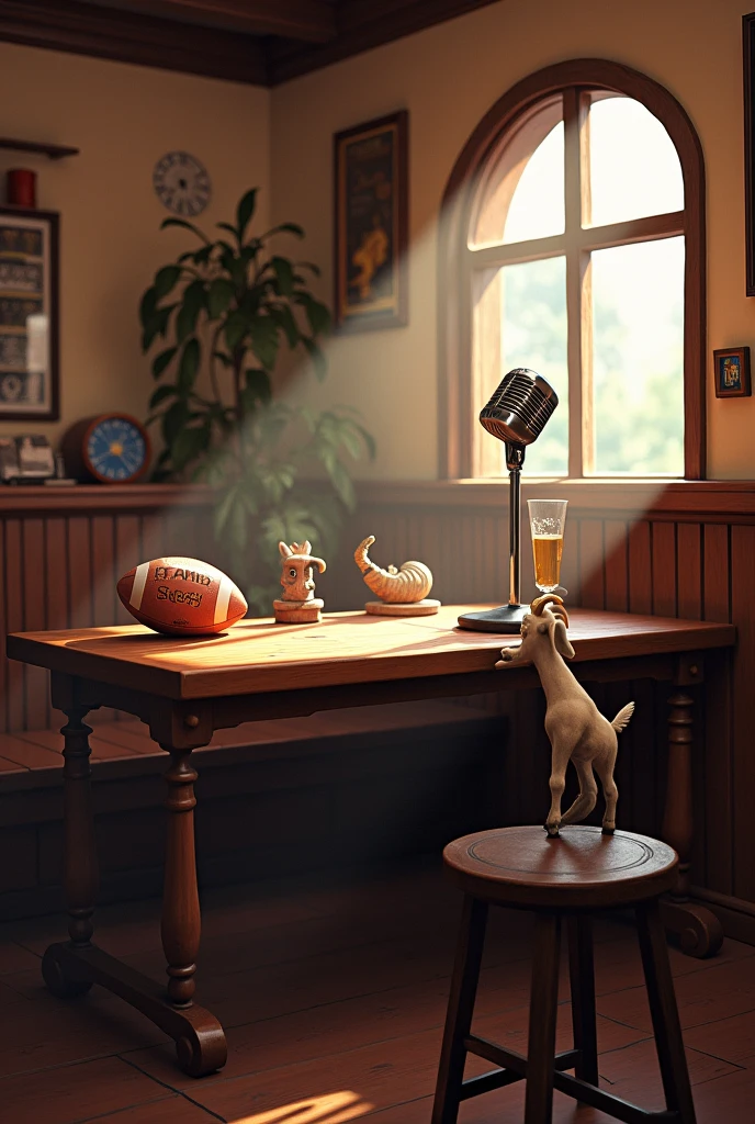 A table in a pub with a microphone, a football and a little goat on the table
