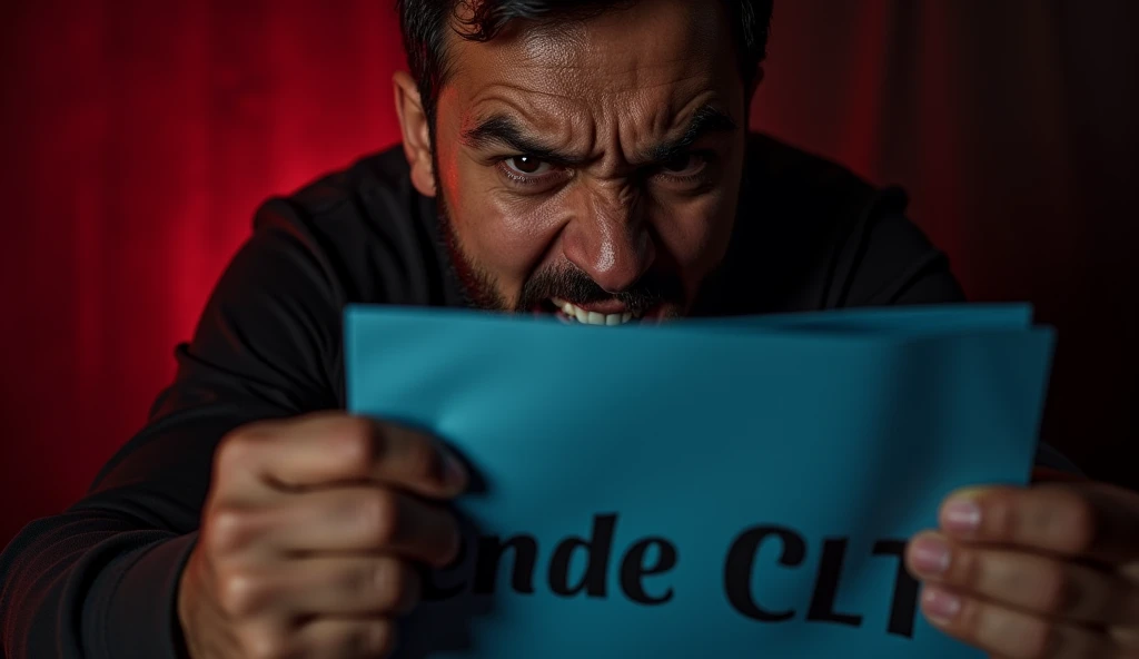 Create a YouTube thumbnail in 16:9 proportion featuring a person holding the Brazilian CLT (Carteira de Trabalho) with an expression of intense anger. The person should be gripping the CLT tightly, with visible frustration on their face. The background should be dark and intense, with red and black tones to emphasize the emotion. The CLT document should be clearly recognizable, with the iconic blue color standing out. Add a sense of urgency with bold, dramatic text at the bottom in large, white letters