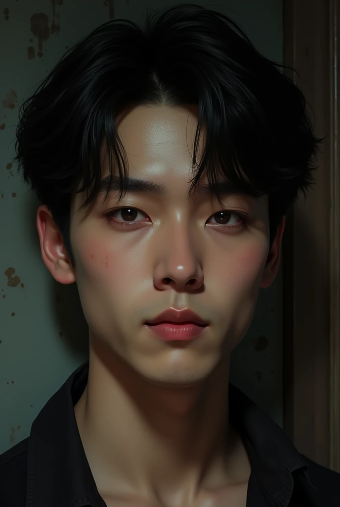 luca, a 2 young man with delicate facial features, dark brown almond shaped eyes and black hair, with Korean features. He is a boy who works in a pleasure house. I want something more realistic