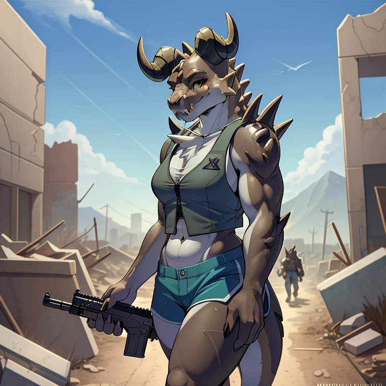 (((Masterpiece))), ((4k)), (best body), Solo, score_9,score_8_up,score_7_up, kemono style, aegis style, Anthro deathclaw from fallout, Anthro reptile girl, snout, green scaled skin, gold eyes, black lips, black horns, black ram horns, athletic body, smiling, (detailed skin), bulletproof vest, holding a rusty gun, blue shorts, walking in a ruined city, looking at viewer, hyper realistic gun, tight cloths, skinny, beautiful face, 