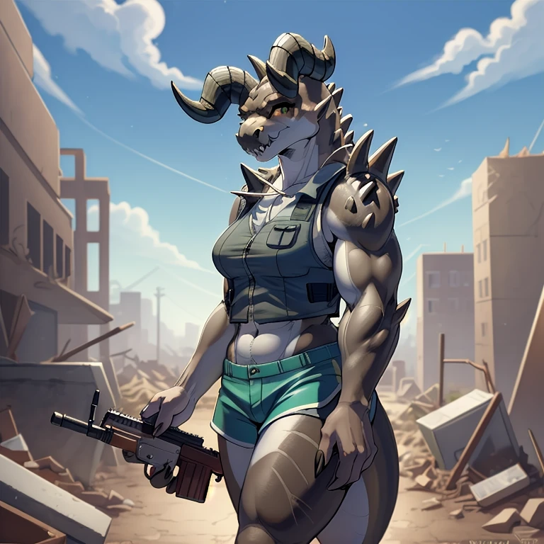 (((Masterpiece))), ((4k)), (best body), Solo, score_9,score_8_up,score_7_up, kemono style, aegis style, Anthro deathclaw from fallout, Anthro reptile girl, snout, green scaled skin, gold eyes, black lips, black horns, black ram horns, athletic body, smiling, (detailed skin), bulletproof vest, holding a rusty gun, blue shorts, walking in a ruined city, looking at viewer, hyper realistic gun, tight cloths, skinny, beautiful face, 