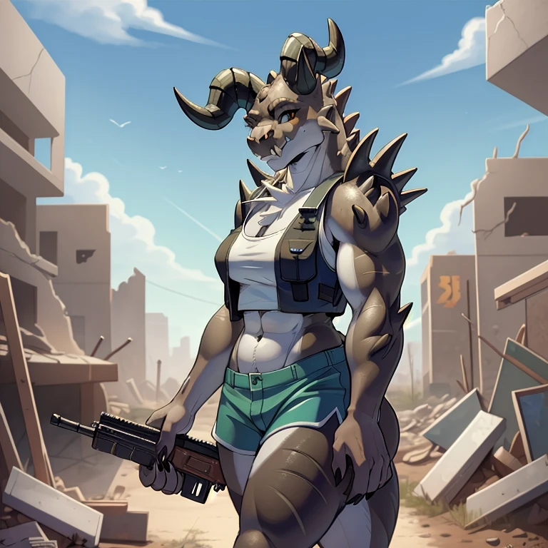 (((Masterpiece))), ((4k)), (best body), Solo, score_9,score_8_up,score_7_up, kemono style, aegis style, Anthro deathclaw from fallout, Anthro reptile girl, snout, green scaled skin, gold eyes, black lips, black horns, black ram horns, athletic body, smiling, (detailed skin), bulletproof vest, holding a rusty gun, blue shorts, walking in a ruined city, looking at viewer, hyper realistic gun, tight cloths, skinny, beautiful face, 