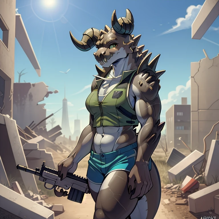 (((Masterpiece))), ((4k)), (best body), Solo, score_9,score_8_up,score_7_up, kemono style, aegis style, Anthro deathclaw from fallout, Anthro reptile girl, snout, green scaled skin, gold eyes, black lips, black horns, black ram horns, athletic body, smiling, (detailed skin), bulletproof vest, holding a rusty gun, blue shorts, walking in a ruined city, looking at viewer, hyper realistic gun, tight cloths, skinny, beautiful face, 