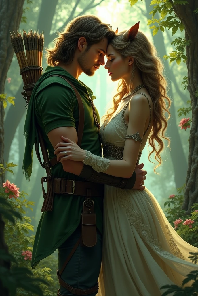 (((high quality:1.2))), Work of art, (8k), extremely detailed, ((High detail:1.2)) ((best resolution)), 2 people, ((Robin hood fucking a cat woman)),