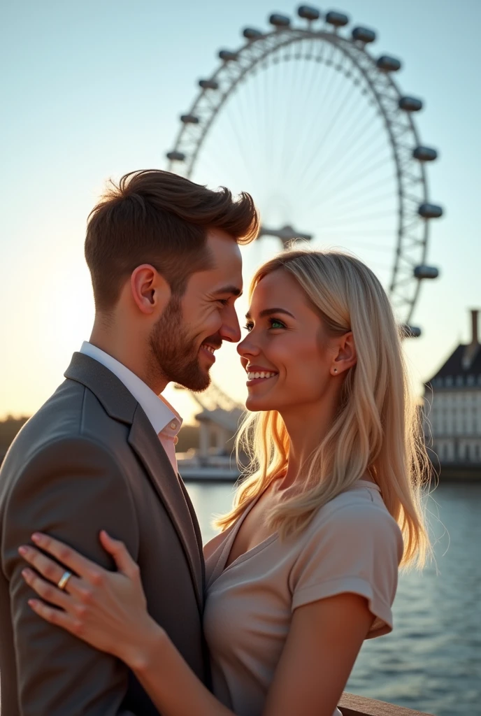 A couple hugging in front of the London Eye,  taking a profile selfie man brown hair and eyes,  blonde woman with green eyes 8k ultra realistic photorealistic 