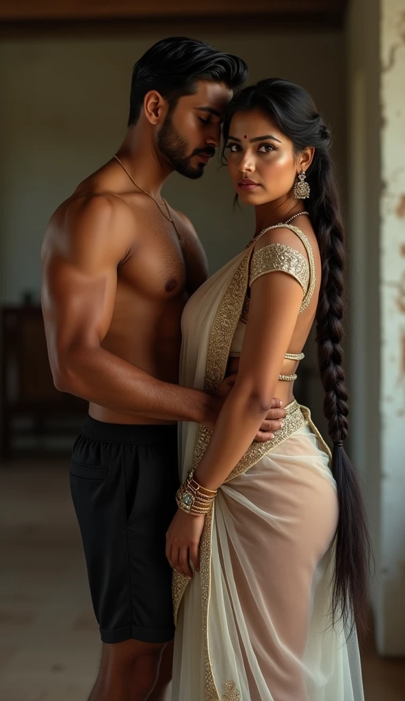 Indian newly wed couple, hot slim curvy white south indian milf with long single plaited hairstyle, big breast, big hip, very big ass, thick thighs, woman wearing transparent saree, looking at camera, man wearing sleeveless vest and shorts, man and woman looking at camera, man hugging from behind