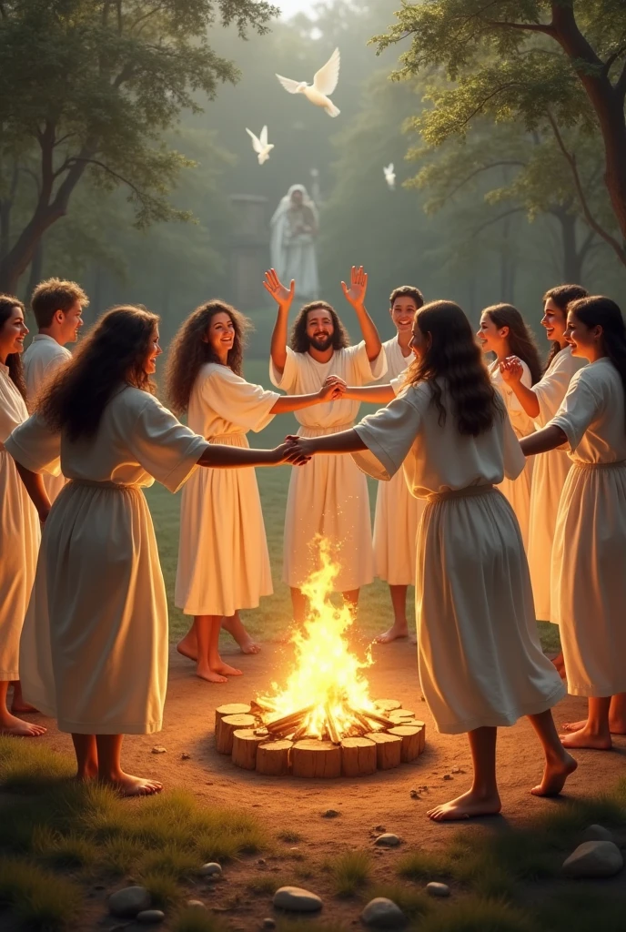 young people making a circle around a campfire, jumping holding hands, with white clothes from an old period, happy, happy, Christian environment. angels, spirituality, Jesus with them.
