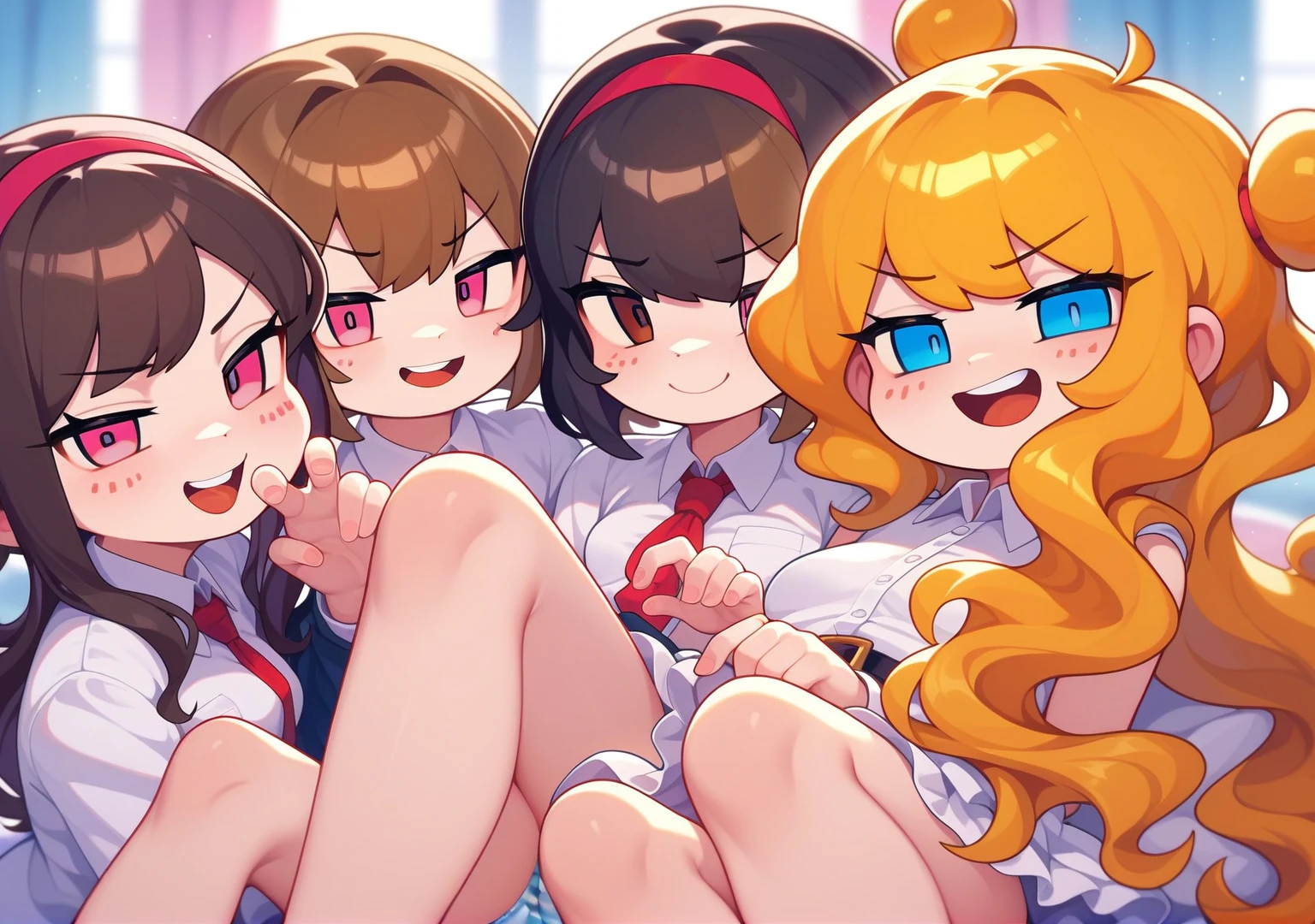 score_9,score_8_superior,score_7_superior,score_6_superior,score_5_superior,score_4_superior 、8k,Highly rated on Pixiv, Very naughty,Naughty pose、Three cute Japanese high school girls,(Mob face:1.2)、Provocative smug face,Open your mouth|Close your mouth、Small breasts、Brunette hair, medium bob, brown eyes、Long, wavy golden hair Pink eyes、Short black hair, blue eyes、Colorful and cute designed panties