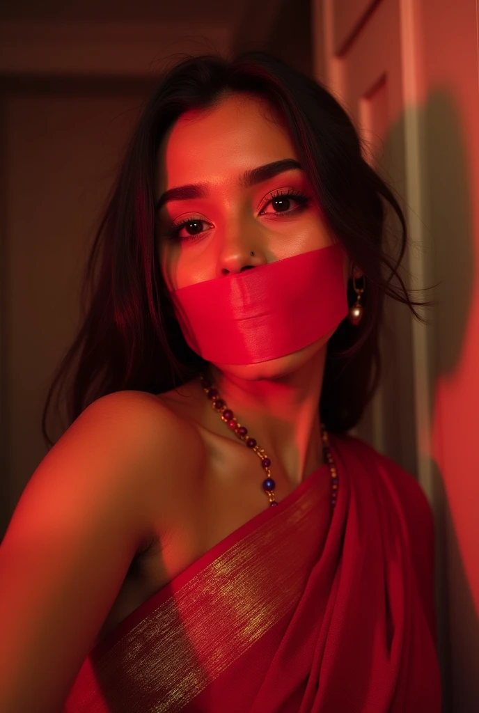 Aesthetic girl bllindfolded duct taped gagged over mouth in red shimmering saree taking a selfie in mirror