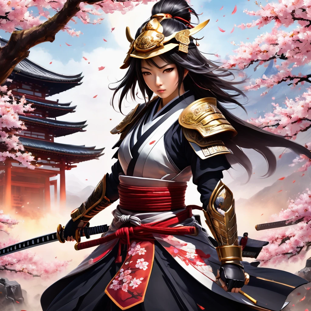 a samurai woman,traditional japanese warrior woman, armors,elsword,fierce expression,olhos intensos,stoic behavior,serene background,detailed body armors,ornamental helmet,sharp katana,dramatic pose,expert elswordsmanship,ancient japanese landscape,cherry blossoms falling,dynamic action,agile movement,Samurai Spirit,Honor and loyalty,Realistic representation,bright coloured,high contrast lighting,shadow and highlights,emotionally charged atmosphere,ink brushstroke style,traditional japanese calligraphy,Graceful elegance,mysterious aura,endless battle,Warrior Code.