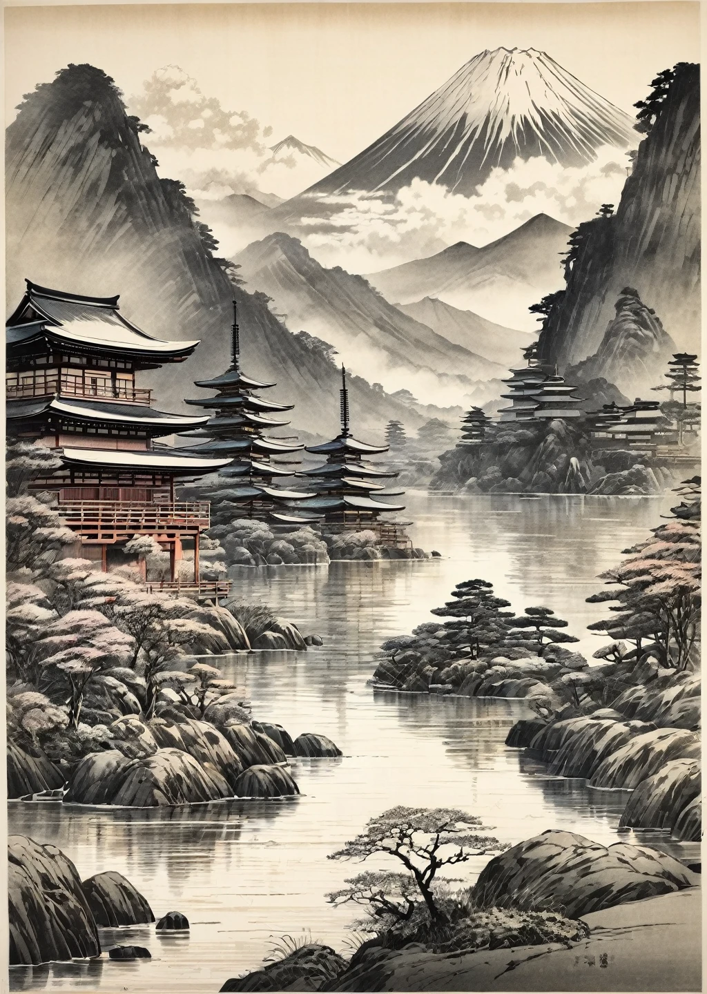 Lithograph of Japanese landscapes, b&in, scribble style.