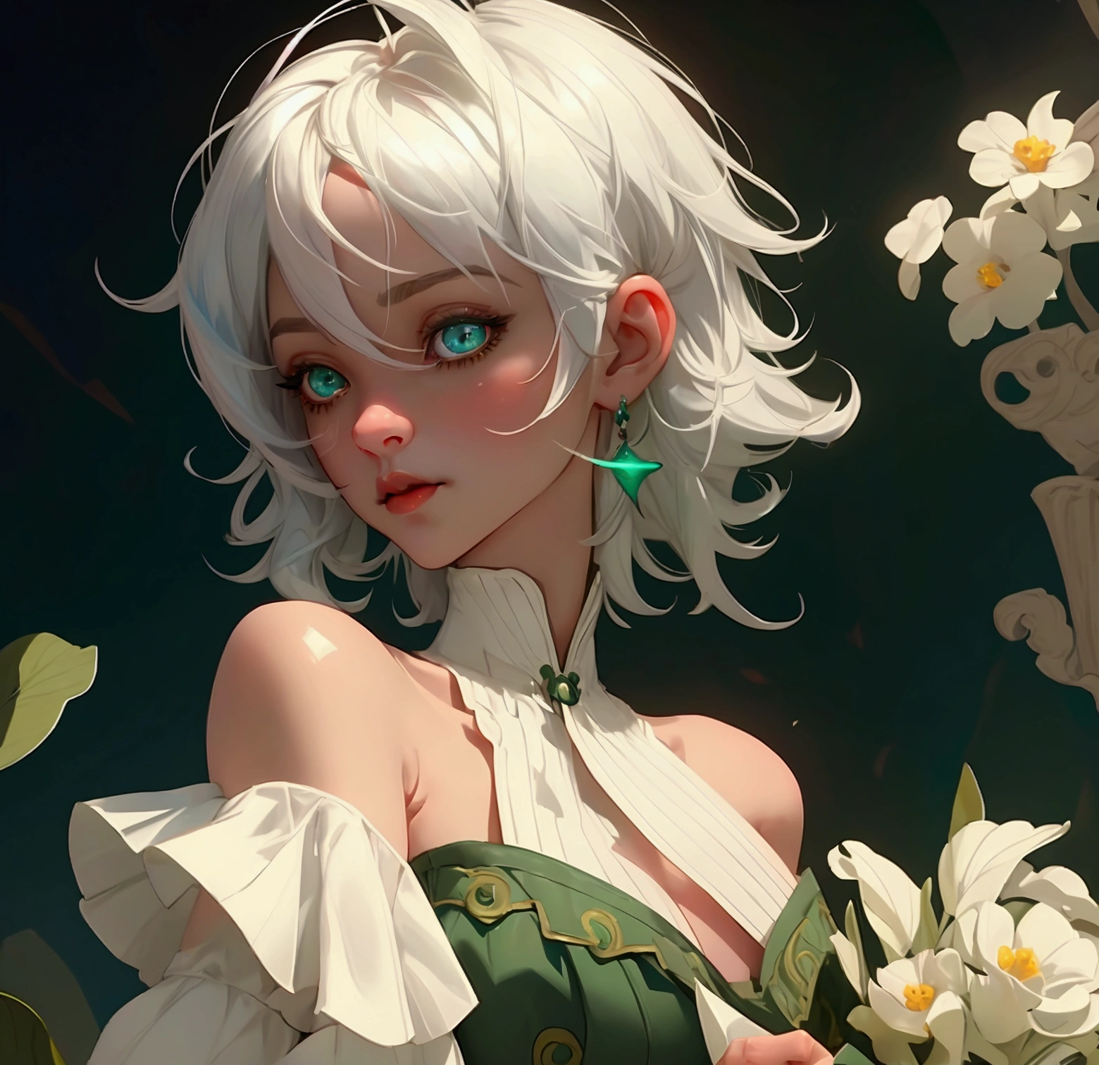 envision a 8k, highres, cinematic, beautiful close up portrait of a short girl named Cecilia Immergreen with multicolored hair, green eyes, doll joints, joints, bare shoulders, detached sleeves, hair between eyes, white hair, dressagainst a dark background