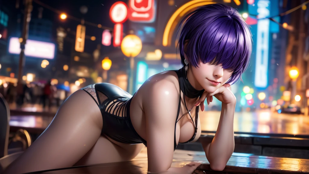 (at night), alone, in a video game scene a background of a beautiful city during the day raining, standing at attention, purple hair, ((purple hair)), 1 girl, alone, 20 years old, young woman, perfect hands , beautiful and perfect symmetrical fingers, beautiful long legs, perfect legs, beautiful body, beautiful nose, beautiful character design, perfect face, look at the viewer (focusing on the entire character), closed mouth, Light_Smile, official art, wallpaper Extremely detailed CG unity 8k, perfect lighting, bright and colorful front lighting, glowing skin (masterpiece: 1.0), (best quality: 1.0), ultra high resolution, 4K, ultra detailed photography, 8K, HDR, high resolution, nonsense: 1.2, Kodak portra 400, film grain, blurred background, bokeh: 1.2, lens flare, (vibrant_color: 1.2), professional photography, (beautiful_face: 1.5), (narrow waist),
