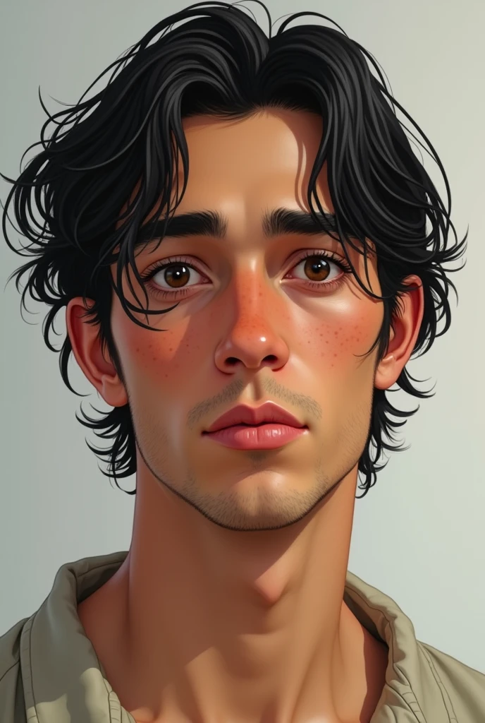 The Latin American man has an oval face, with subtly marked cheekbones that give balance to her expression. Her skin is light-toned and shows some acne marks on both cheeks., which are visible but not exaggerated, giving a natural and realistic look to your skin. His eyes are a dark brown color, Medium in size and slightly almond shaped. The character&#39;s gaze is serious and introspective, framed by straight eyebrows, Medium thickness, and well defined. The eyebrows are thick and placed in a way that enhances the intensity of her eyes., giving him a thoughtful expression. The nose is straight and thick , with a soft bridge and a slightly rounded tip, harmonizing well with the rest of your facial features. The lips are a little thick and well defined., with a slight natural curvature that gives it a neutral expression, neither smiling nor frowning. The upper lip is slightly thinner than the lower lip.. The hair is completely straight, of a dark black color, and long length. It falls naturally and a little messily on the forehead., lightly covering the eyebrows, and extends to just above the ears on the sides. The hair has a fine texture and a natural shine., with some strands falling over the forehead and this hairstyle is bookish . 