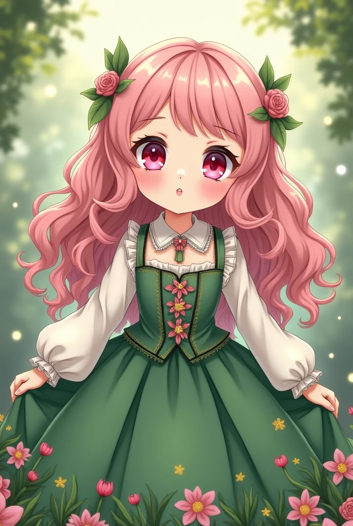 an anime girl with a chubby body, very pale skin and bright pink eyes with heart-shaped pupils. she has long, light pink hair that is very curly, and wears a long green dress. the top shirt part of the dress is white with long sleeves, while the bottom skirt is long and in a green color with a lot of details de resemble nature. the entire dress is very detailed and has a lot of medieval features, principaly around her neck and waist.