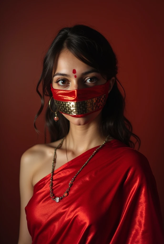 Aesthetic girl bllindfolded duct taped gagged over mouth  in red shimmering saree taking a selfie 