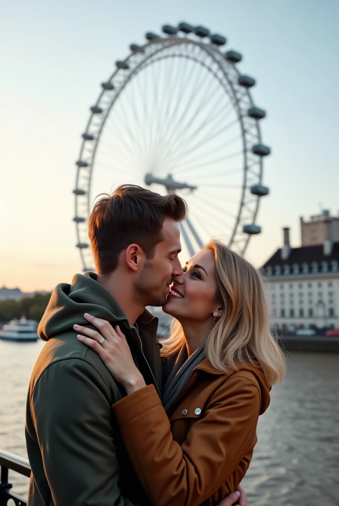 (photorealism:1.2), A couple hugging in front of the London Eye,  taking a profile selfie man brown hair and eyes, blonde woman with green eyes 8k ultra realistic