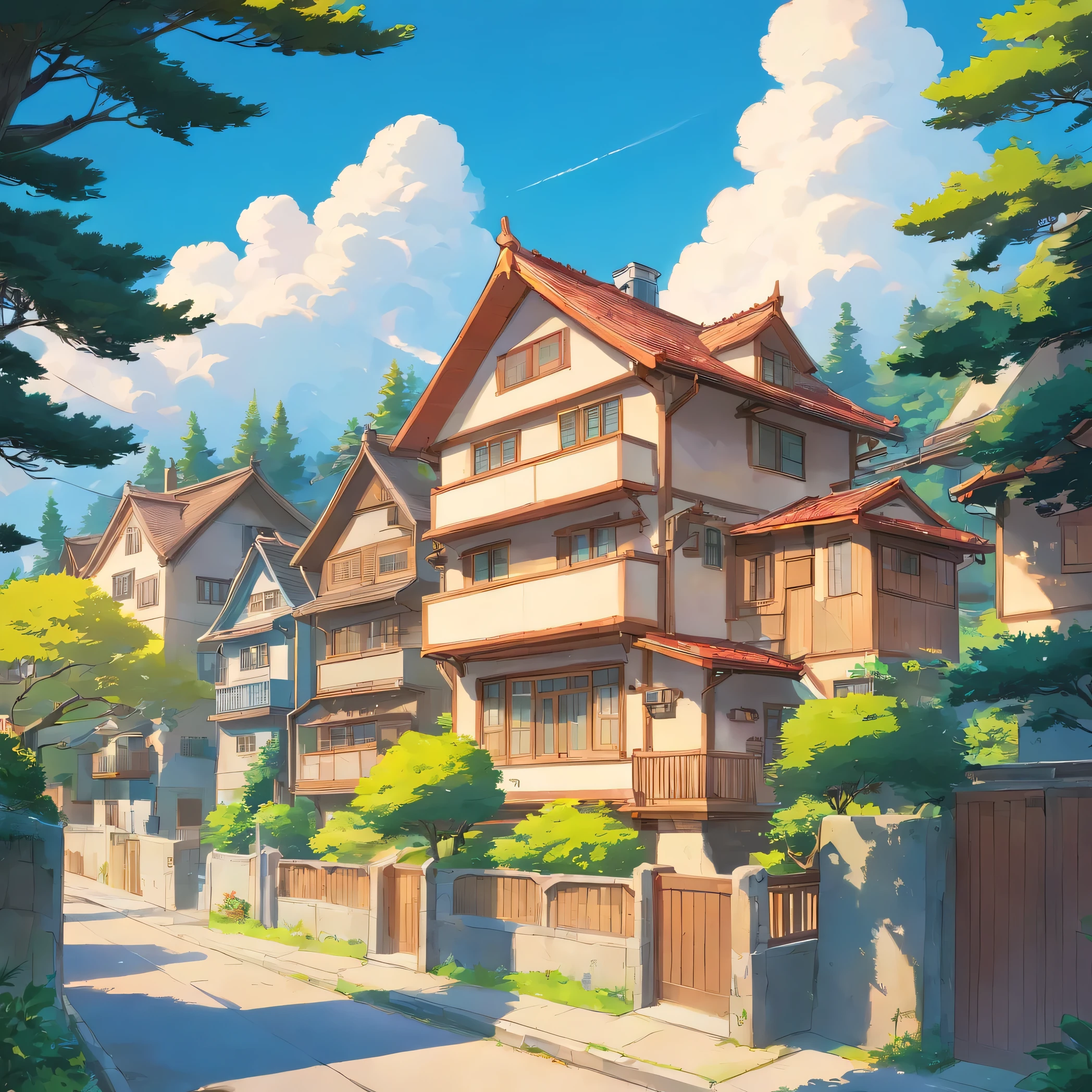A background of a residential chill neighborhood with some pine trees and houses with a clear sky with some clouds in the background, 1980 anime illustration, warm colors , Miyazaki style art, Ghibli style art, simple style, with a relaxing atmosphere, centered, natural light, volumetric light.