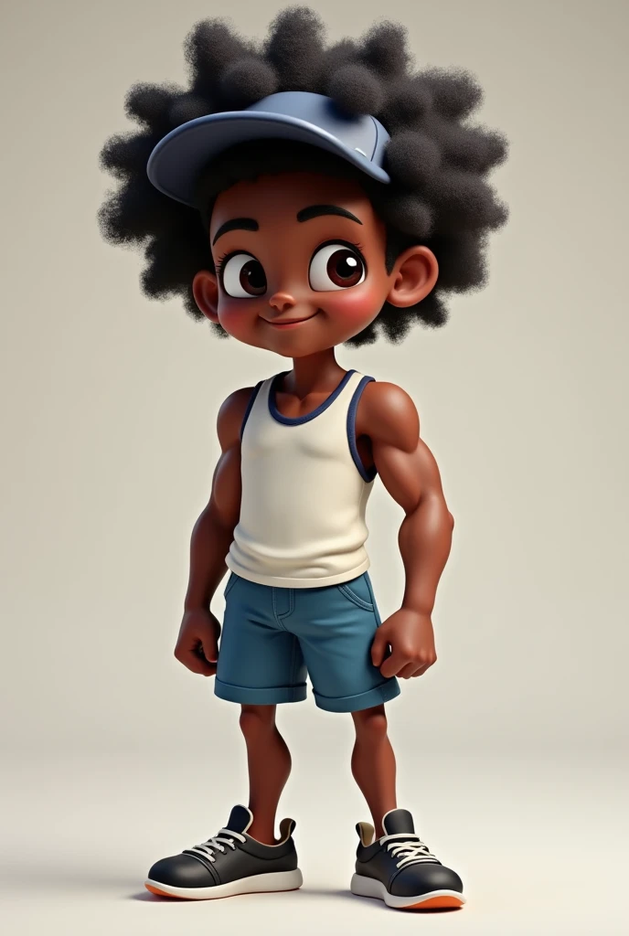 Create an avatar of myself. I'm a dark-skinned guy in the Disney Pix style. I'm wearing a tank top, blue shorts and a cap in the hoodlum style. I'm black with afro hair.