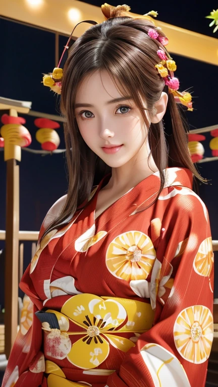 Non-NSFW、Real、(Highest quality), (masterpiece)、Ultra-high resolution、RAW Photos, (upper body), (Night festival:1.5), Fantasy、Looking into the camera、alone、(elemental Sylph:1.1), Beautiful Spirit、Super Beauty, (Mature:1.2), (20years-old:1.2)、Moisturized Skin、Perfect model body、Beautiful Eyes、Big eyes, (brown eyes:1.2)、Inconspicuous tear bags、(slim:1.2)、Beautiful fingers、Very long hair、highly saturated photos, clavicle, Splash, attractive,skinny, (smile:1.1), no_panties, (Large Breasts:1.2), (brown hair), (Waist-length hair:1.5), Small Ass, lips, (Brightly patterned yukata:1.6),(flashy obi:1.2), (Several poses:1.1)